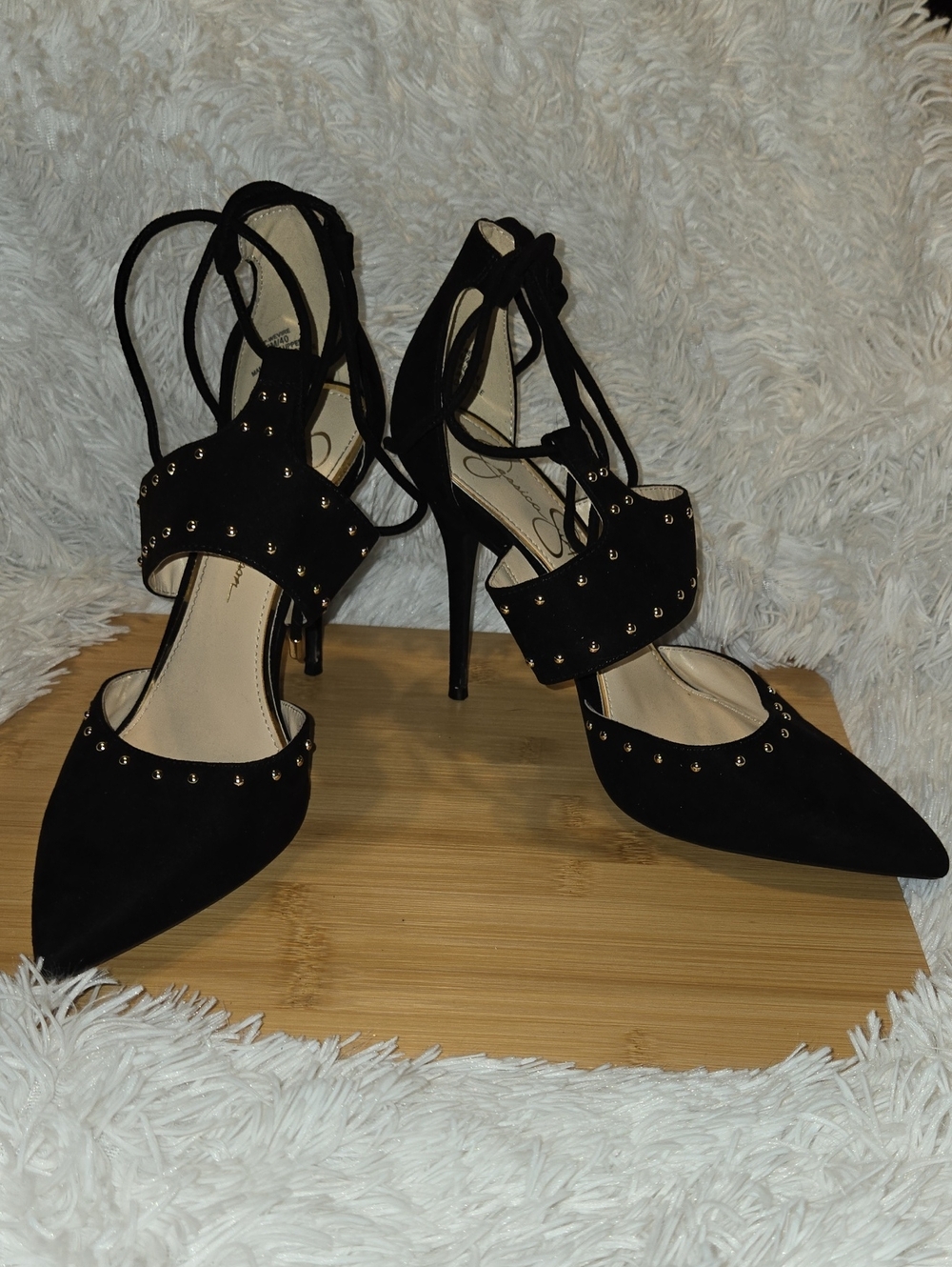 Jessica Simpson Black Studded Lace-Up Pointed Heels